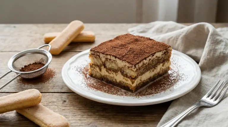 Fetta di tiramisù su piatto bianco con cacao spolverato e savoiardi sul tavolo