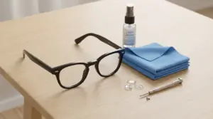 Occhiali da vista con panno in microfibra e spray detergente su un tavolo in legno