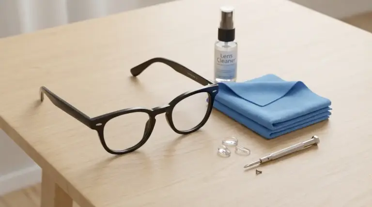 Occhiali da vista con panno in microfibra e spray detergente su un tavolo in legno