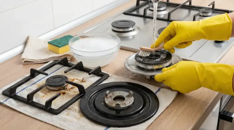 Pulizia dei bruciatori del piano cottura a gas con spazzolina e acqua per eliminare residui e fiamma debole