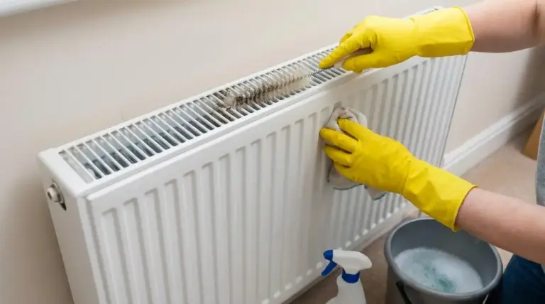 Persona con guanti gialli pulisce un calorifero bianco con spazzola e panno, rimuovendo la polvere