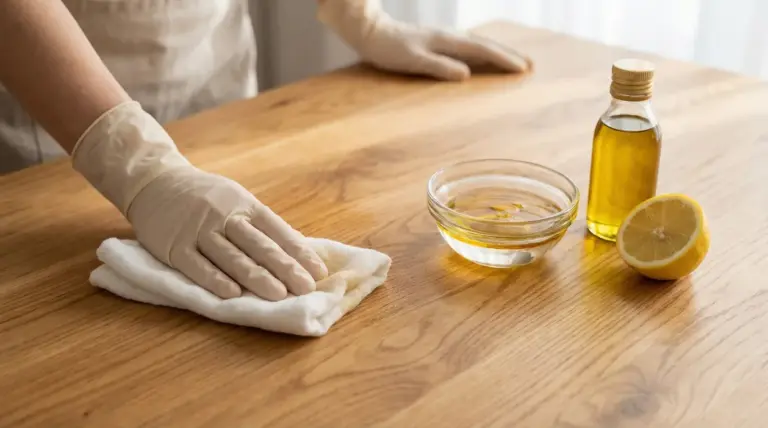 Mani con guanti puliscono un mobile in legno con un panno, accanto olio e limone