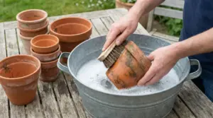 Persona che pulisce un vaso di terracotta con una spazzola in una bacinella con acqua e sapone