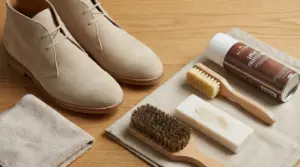 Scarpe in camoscio chiaro con spazzole, panno e spray protettivo per la pulizia delicata