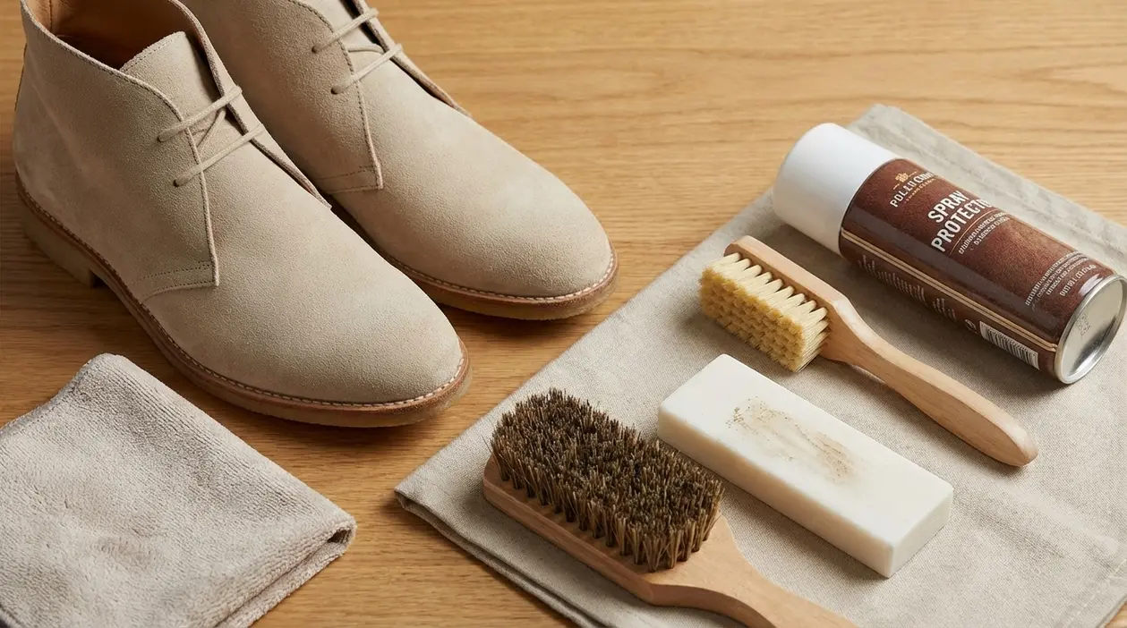 Scarpe in camoscio chiaro con spazzole, panno e spray protettivo per la pulizia delicata