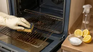 Guanto pulisce la griglia del forno con una spugna, accanto a limone, sale e spray per detergente naturale