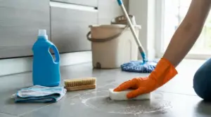 Persona con guanto arancione pulisce un pavimento in gres porcellanato con spugna e detergente, con secchio e mocio sullo sfondo