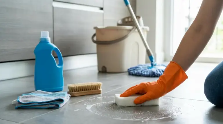 Persona con guanto arancione pulisce un pavimento in gres porcellanato con spugna e detergente, con secchio e mocio sullo sfondo