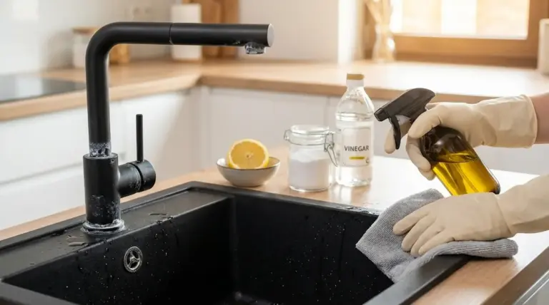 Pulizia di un lavello nero con rimedi naturali contro il calcare in cucina