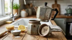 Moka smontata e usurata su un tavolo con limone, bicarbonato e spazzola in cucina, pronta per la pulizia