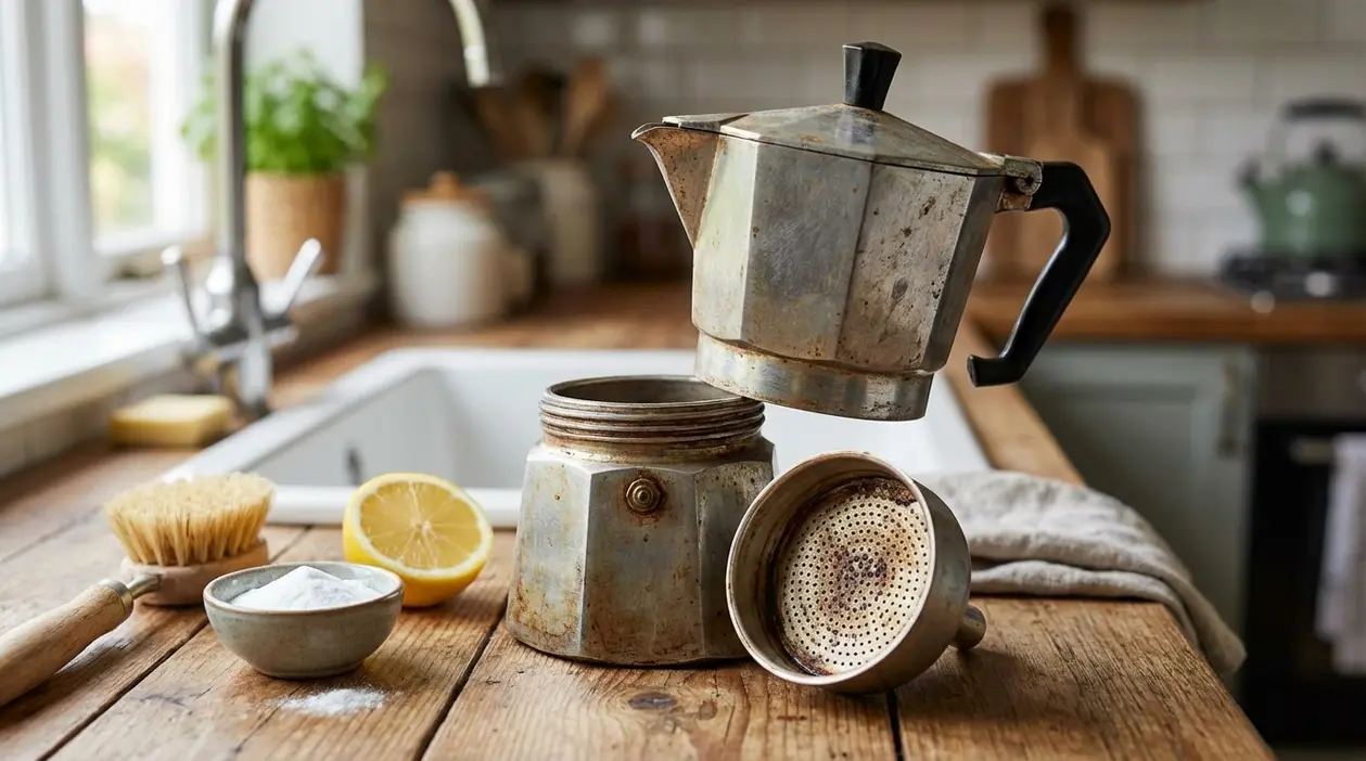 Moka smontata e usurata su un tavolo con limone, bicarbonato e spazzola in cucina, pronta per la pulizia
