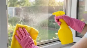 Persona pulisce una zanzariera montata con panno in microfibra e spray detergente vicino alla finestra