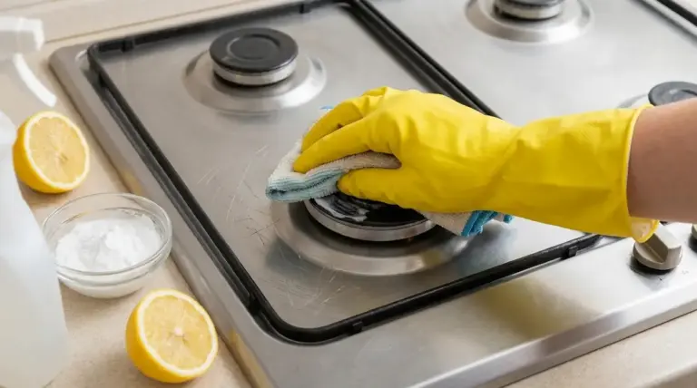 Mano con guanto giallo pulisce un piano cottura in acciaio graffiato con panno, limone e bicarbonato