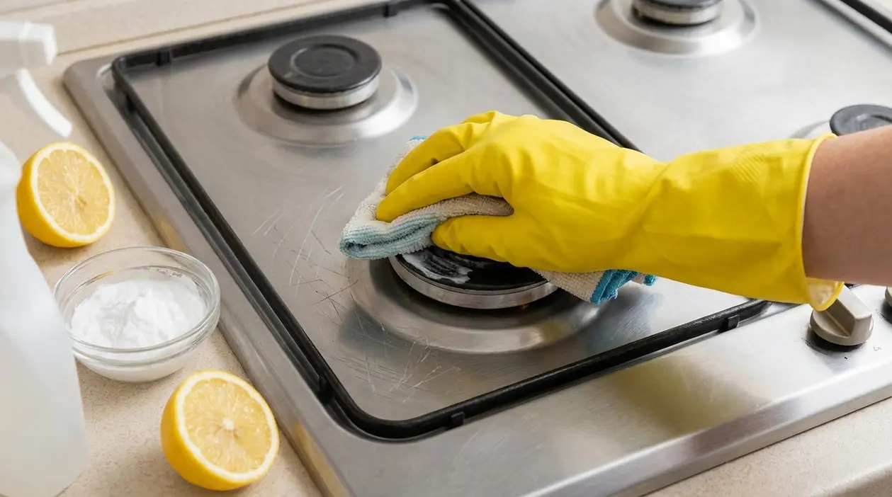 Mano con guanto giallo pulisce un piano cottura in acciaio graffiato con panno, limone e bicarbonato