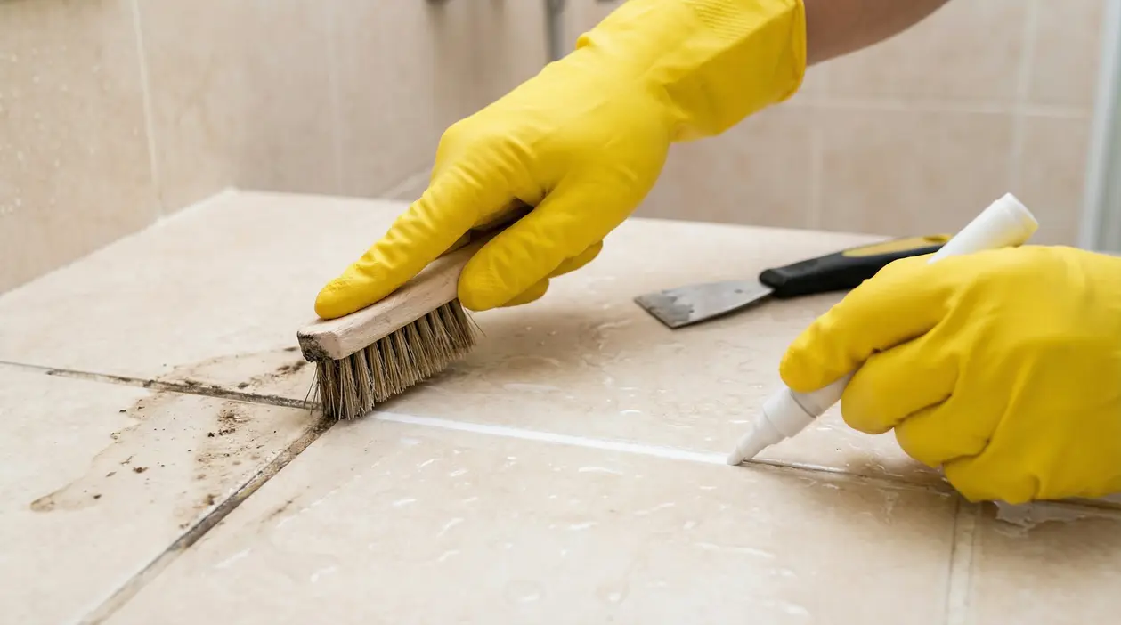 Mani con guanti gialli puliscono e ravvivano le fughe delle piastrelle con spazzola e pennarello per fughe