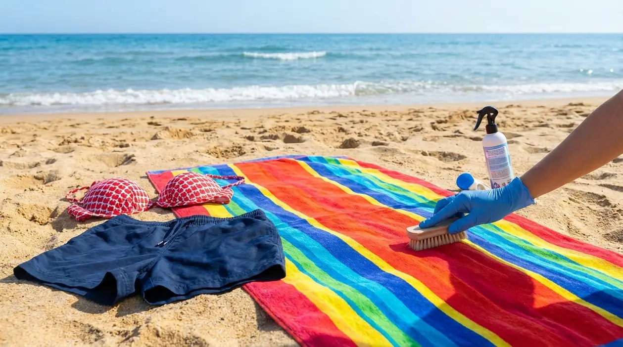 Costumi da bagno e telo mare sulla sabbia mentre una persona li pulisce in spiaggia