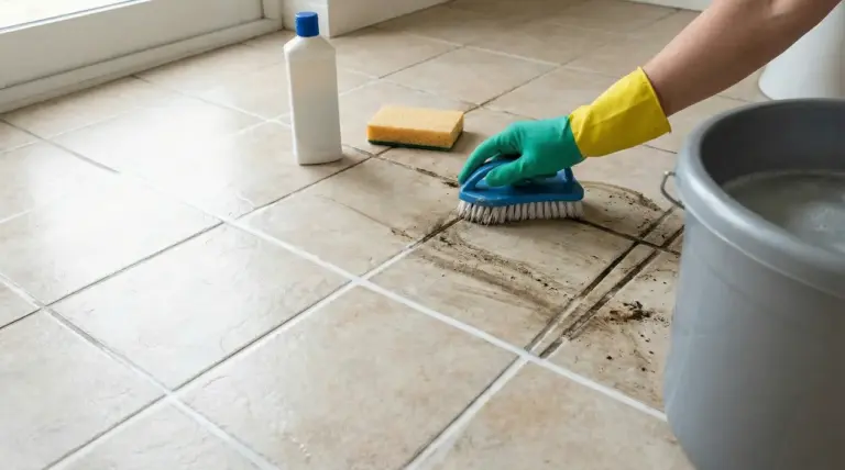 Mano con guanto pulisce fughe sporche del pavimento con spazzola e detergente