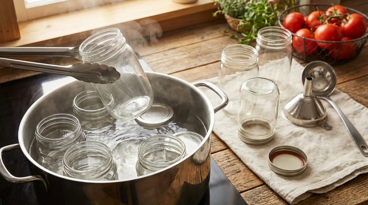 Barattoli di vetro sterilizzati in una pentola con acqua bollente prima della preparazione delle conserve