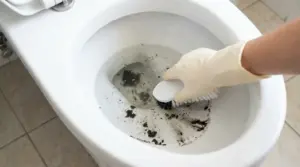 Mano con guanto pulisce il fondo del water con una spazzola per rimuovere macchie nere e sporco ostinato