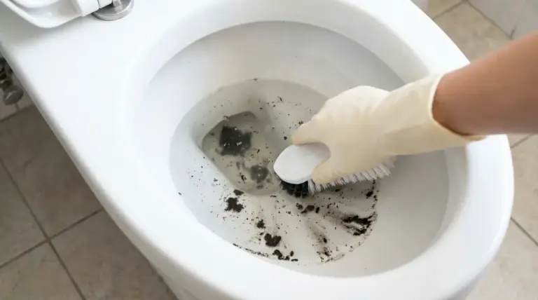 Mano con guanto pulisce il fondo del water con una spazzola per rimuovere macchie nere e sporco ostinato