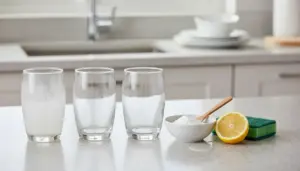Bicchieri con patina opaca sul piano cucina accanto a limone, bicarbonato e spugna per farli tornare brillanti