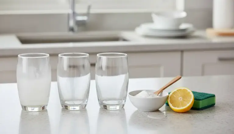 Bicchieri con patina opaca sul piano cucina accanto a limone, bicarbonato e spugna per farli tornare brillanti