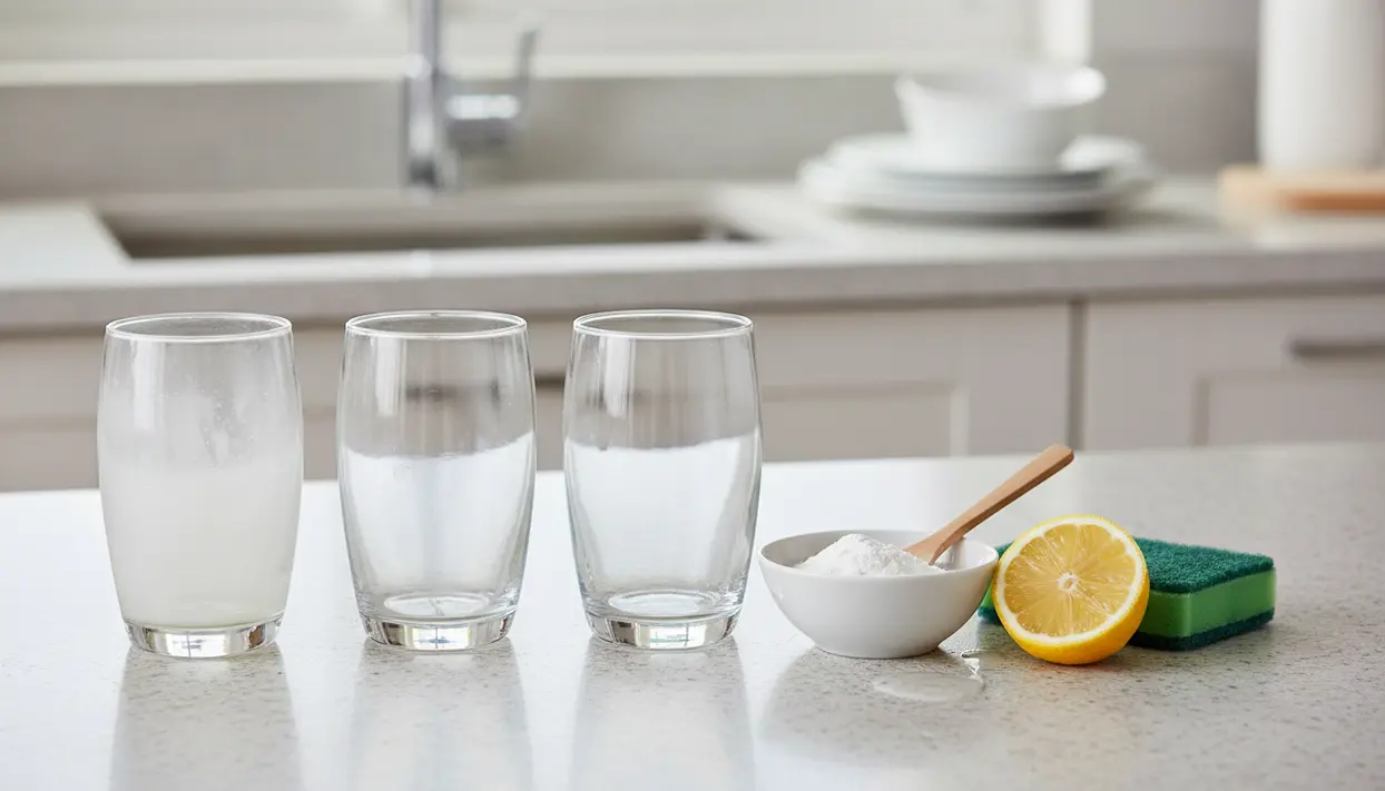 Bicchieri con patina opaca sul piano cucina accanto a limone, bicarbonato e spugna per farli tornare brillanti