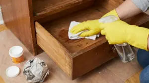 Mani con guanti gialli puliscono un cassetto di legno vecchio con panno e spruzzino per eliminare la puzza