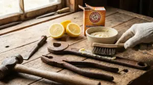 Attrezzi arrugginiti su un tavolo in legno puliti con limone, bicarbonato e spazzola