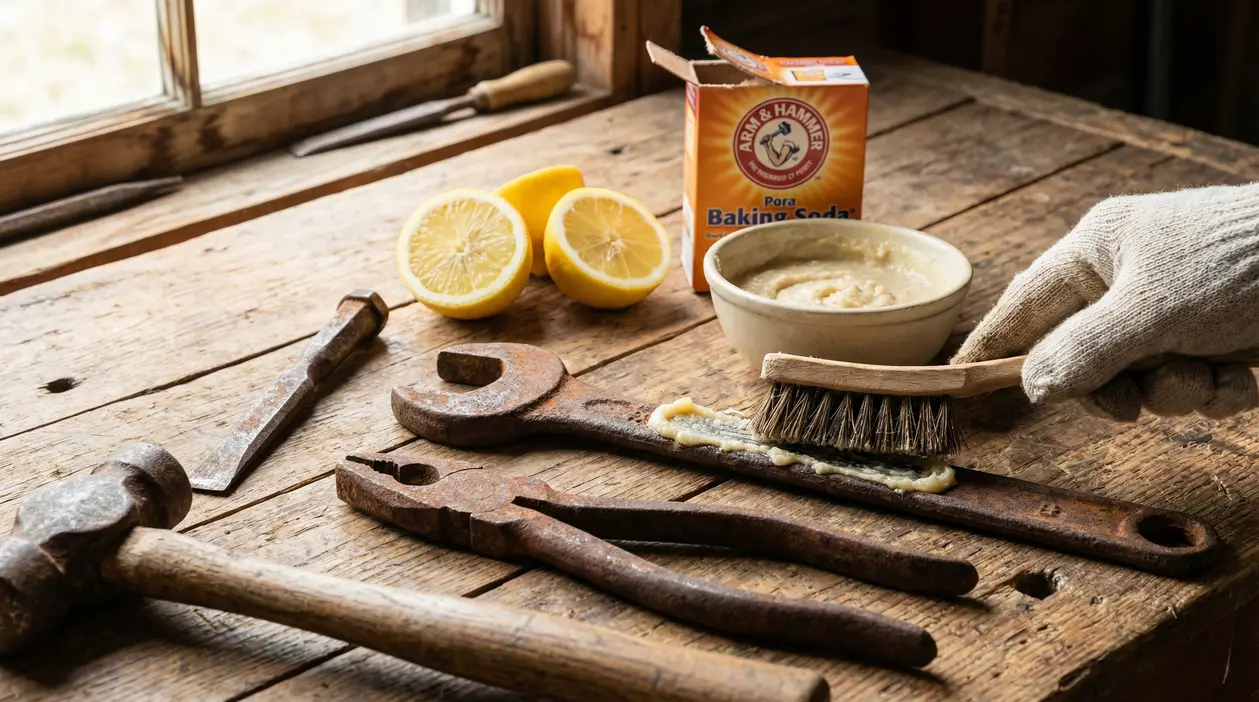 Attrezzi arrugginiti su un tavolo in legno puliti con limone, bicarbonato e spazzola