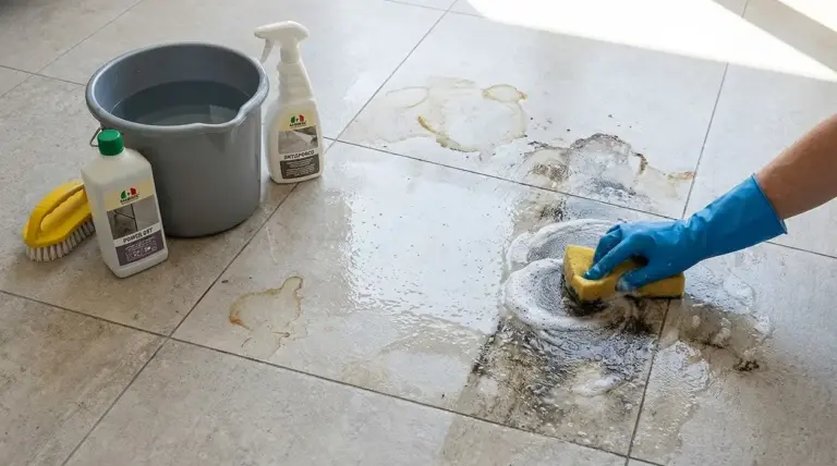 Persona con guanto che pulisce macchie su pavimento in gres con spugna e detergente, accanto a secchio e spazzola