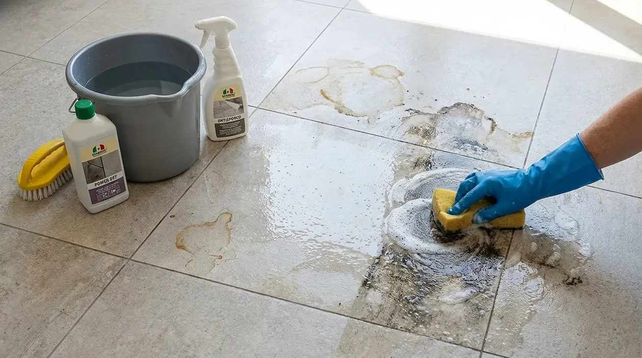 Persona con guanto che pulisce macchie su pavimento in gres con spugna e detergente, accanto a secchio e spazzola