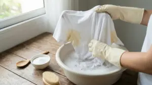 Persona con guanti lava una maglietta bianca con macchie di sudore gialle in una bacinella con acqua e sapone