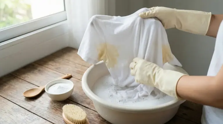 Persona con guanti lava una maglietta bianca con macchie di sudore gialle in una bacinella con acqua e sapone