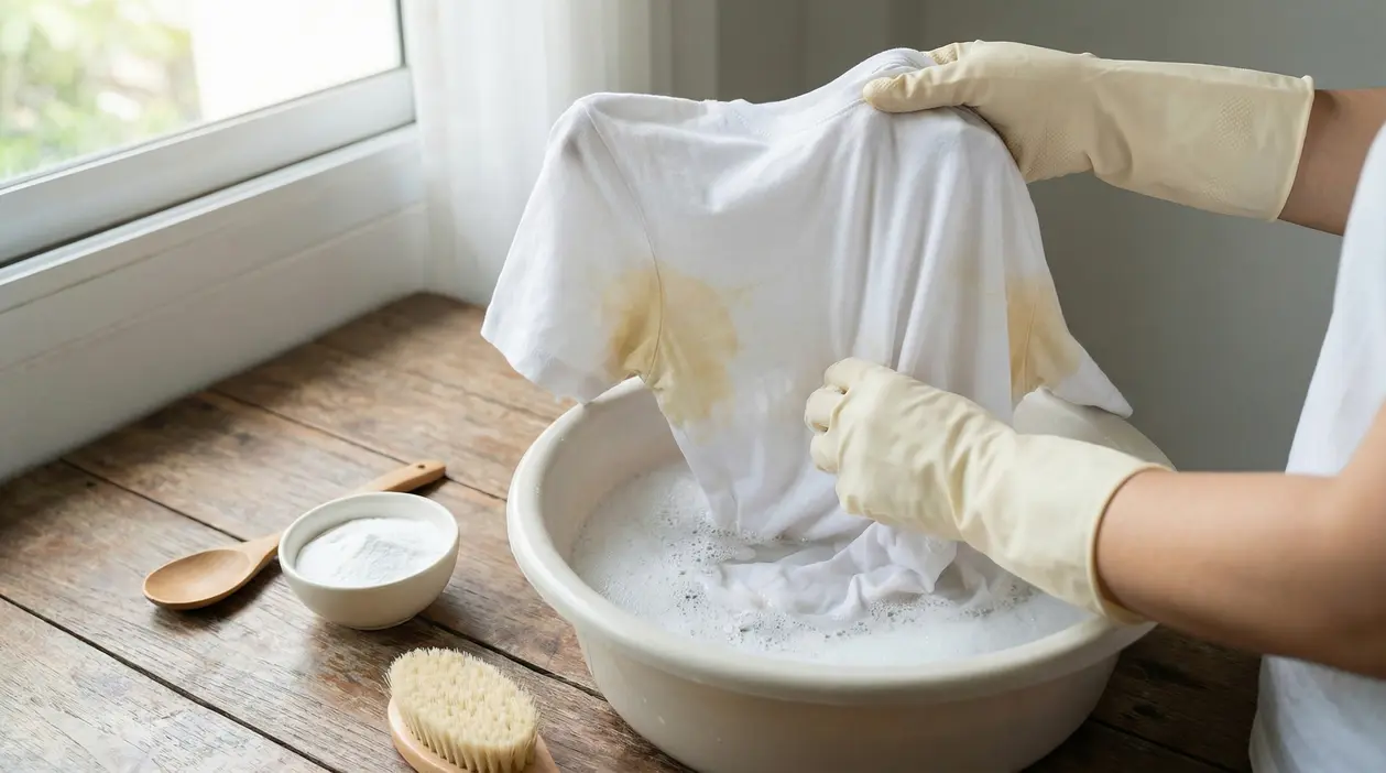 Persona con guanti lava una maglietta bianca con macchie di sudore gialle in una bacinella con acqua e sapone