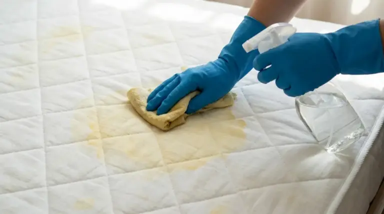 Mani con guanti puliscono macchie gialle su un materasso con panno e spruzzino detergente