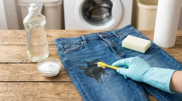 Jeans macchiati d’olio su un tavolo mentre una persona tratta la macchia con spazzolino e prodotti pulenti