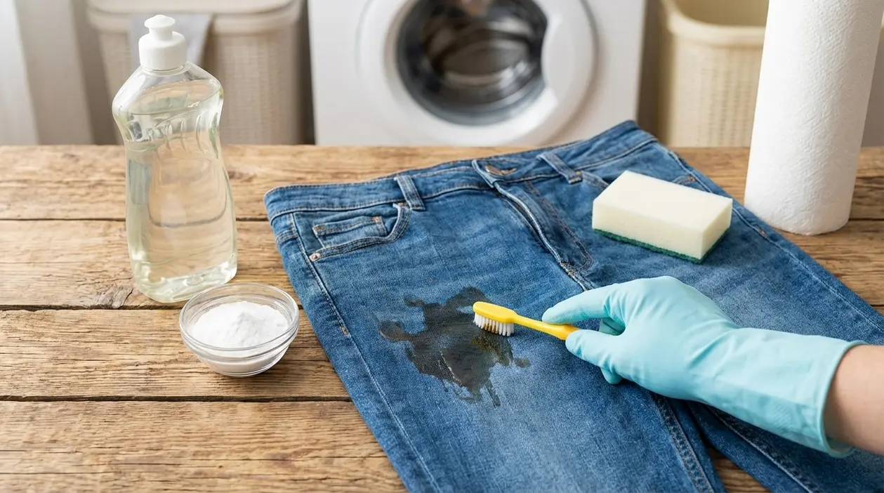 Jeans macchiati d’olio su un tavolo mentre una persona tratta la macchia con spazzolino e prodotti pulenti