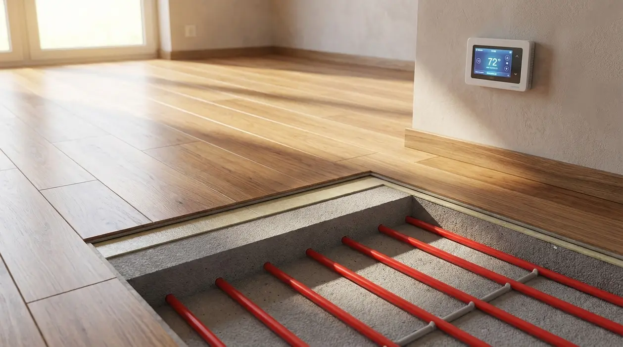 Dettaglio di riscaldamento a pavimento con tubi sotto parquet e termostato a parete in una stanza luminosa