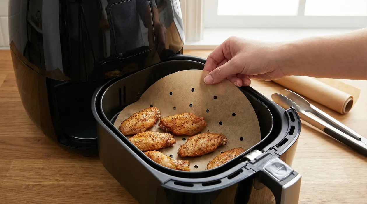 Carta da forno forata con ali di pollo in una friggitrice ad aria