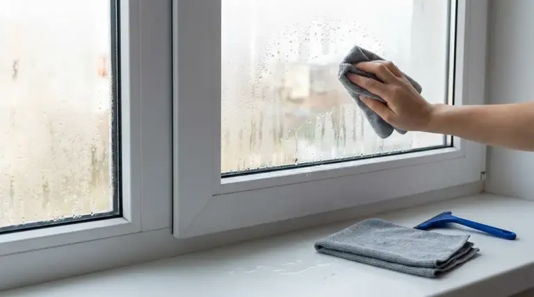 Mano che asciuga la condensa su un vetro di finestra con un panno, gocce d’acqua visibili sul serramento