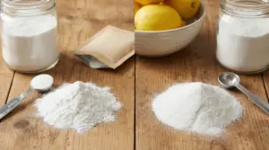 Due mucchietti di polvere bianca su un tavolo di legno con vasetti e cucchiaini dosatori