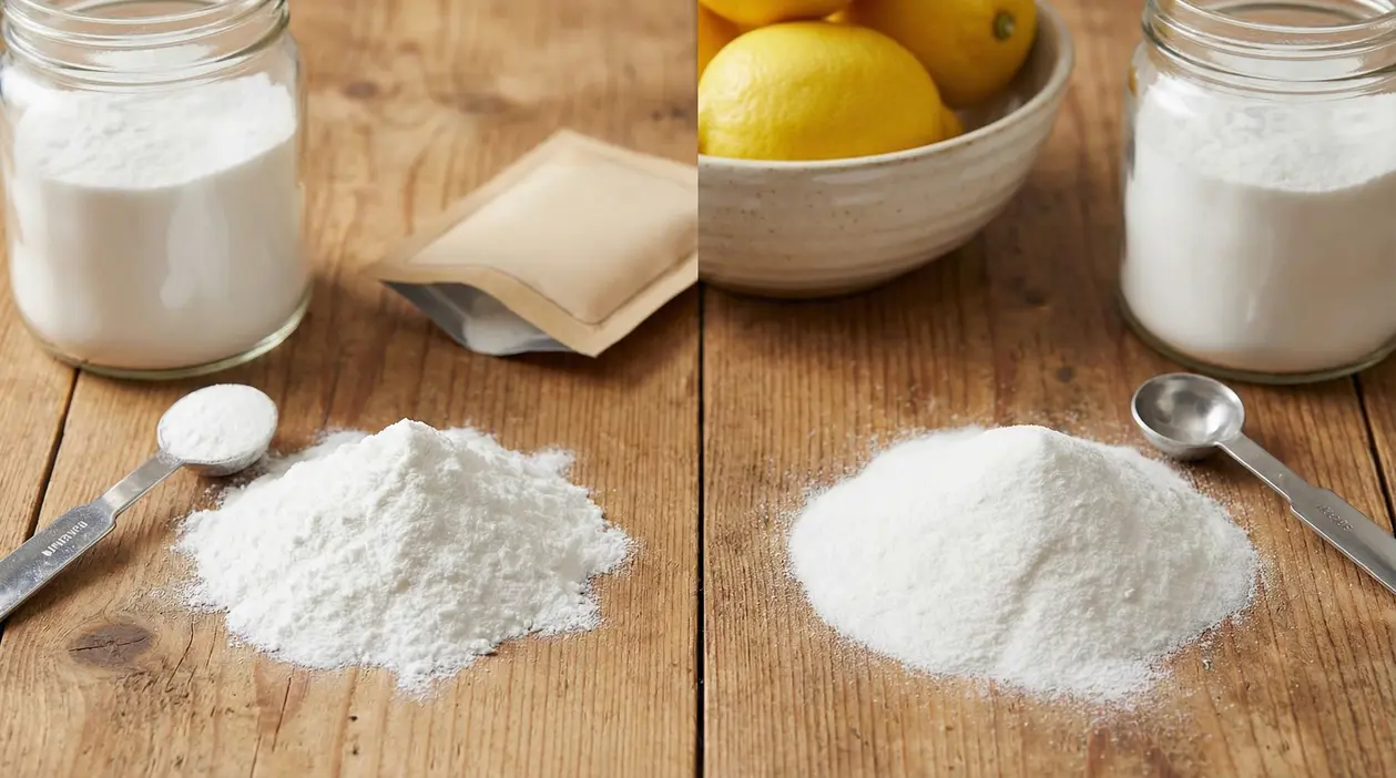 Due mucchietti di polvere bianca su un tavolo di legno con vasetti e cucchiaini dosatori