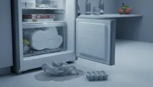 Congelatore aperto con ghiaccio e brina nei cassetti, pozzanghera d’acqua sul pavimento e vaschetta per cubetti