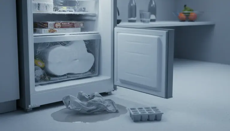 Congelatore aperto con ghiaccio e brina nei cassetti, pozzanghera d’acqua sul pavimento e vaschetta per cubetti