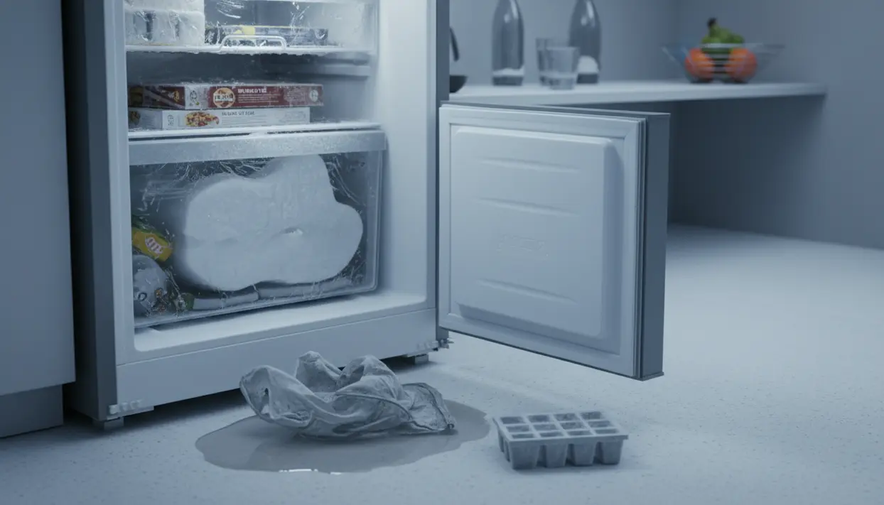 Congelatore aperto con ghiaccio e brina nei cassetti, pozzanghera d’acqua sul pavimento e vaschetta per cubetti