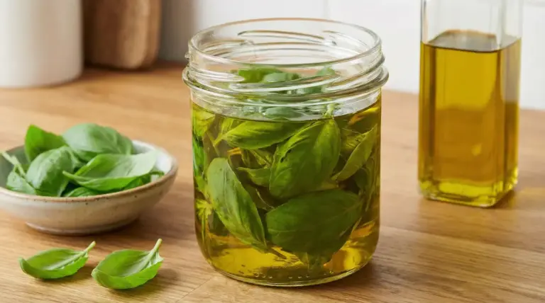 Foglie di basilico fresche immerse in un barattolo di vetro con olio su un piano di legno