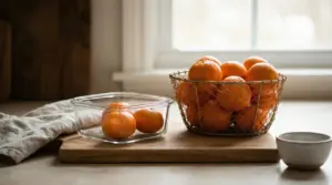 Clementine in una ciotola di vetro e in un cestino su un piano di cucina vicino a una finestra