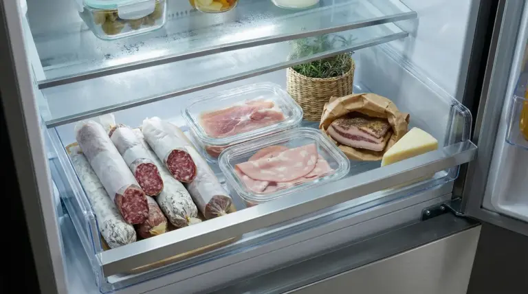 Salumi e affettati conservati in frigorifero in contenitori di vetro e involucri protettivi