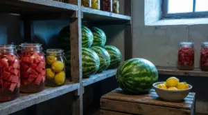 Angurie intere e a pezzi conservate in barattoli di vetro su scaffali in una dispensa